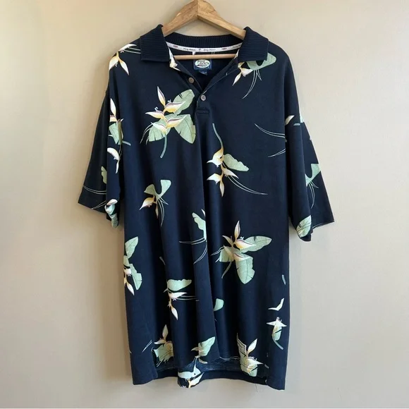 TOMMY BAHAMA vintage men’s black polo shirt size Large 100% cotton floral - Picture 1 of 5